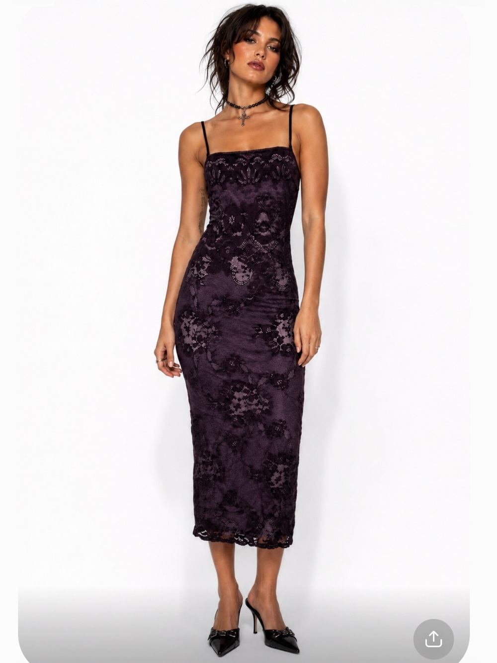 VINTAGE MICA 90's Y2K Dark Romantic Purple Lace Spaghetti Strap Slip Dress